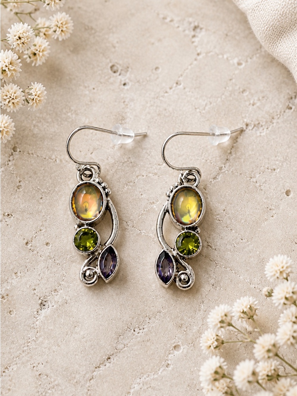 Silver Tone Multi-Stone Dangle Earrings Iridescent Green Purple - Picture 2 of 4
